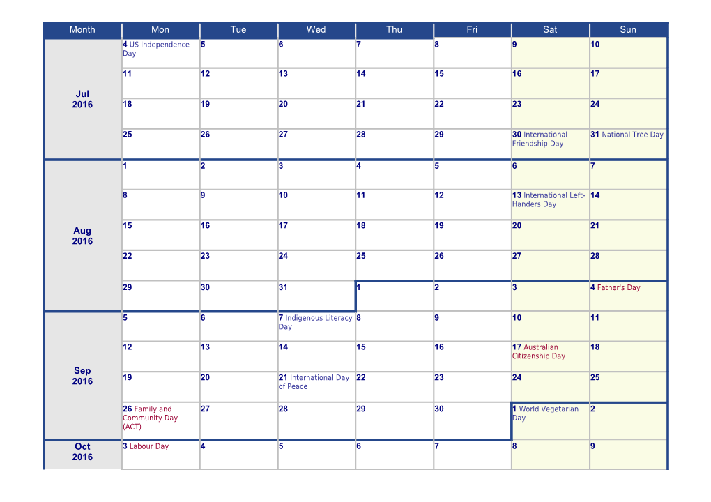 2016 Continuous Calendar with Holidays from Wincalendar.Com
