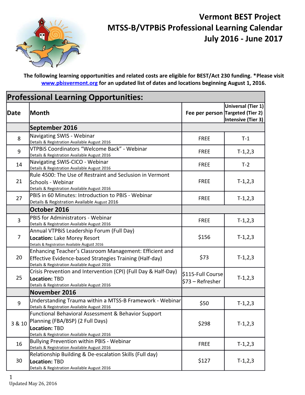 MTSS-B/Vtpbis Professional Learning Calendar