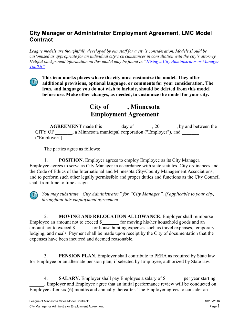 City Manager Or Administrator Employment Agreement