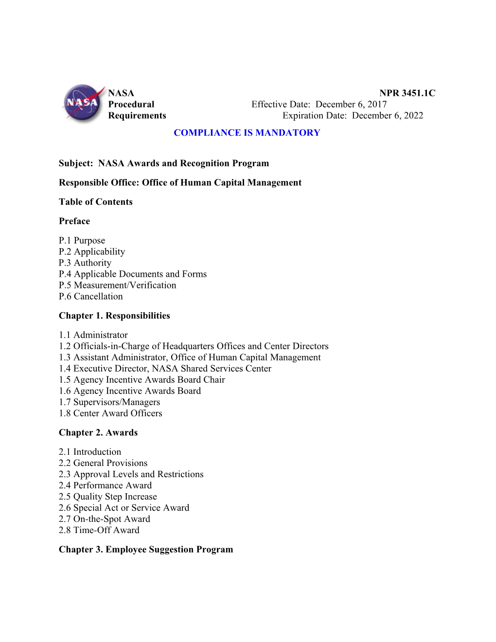 Subject: NASA Awards and Recognition Program