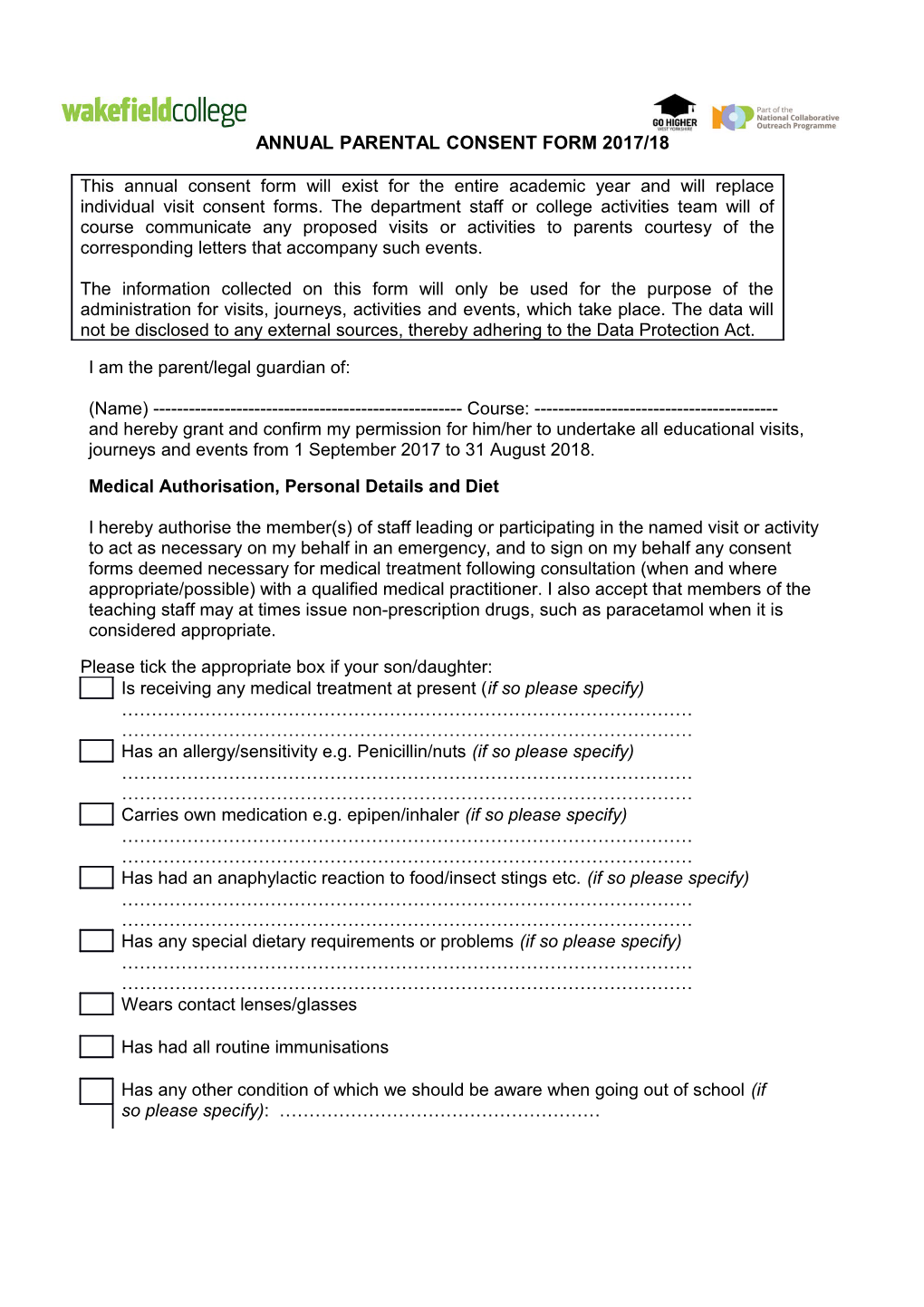 Annual Parental Consent Form 2017/18