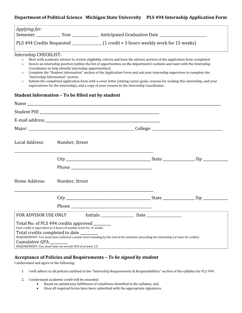 Department of Political Science Michigan State University PLS 494 Internship Application Form