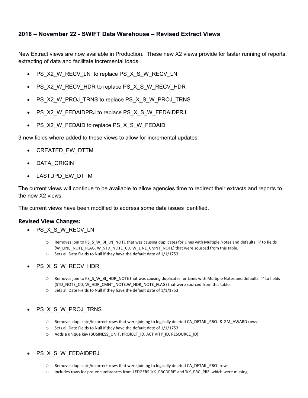 2016 November22 - SWIFT Data Warehouse Revised Extract Views