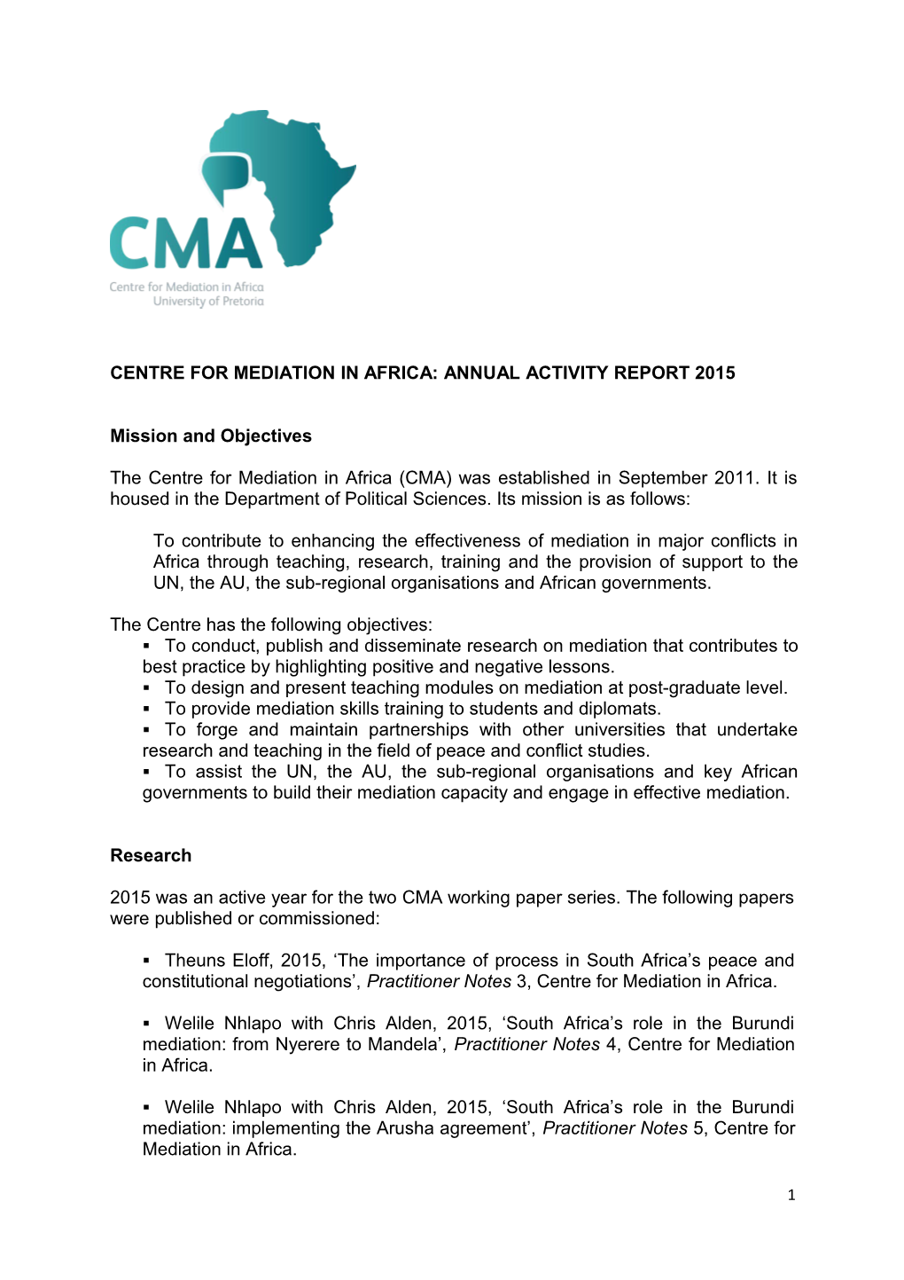 Centre for Mediation in Africa: Annual Activity Report 2015