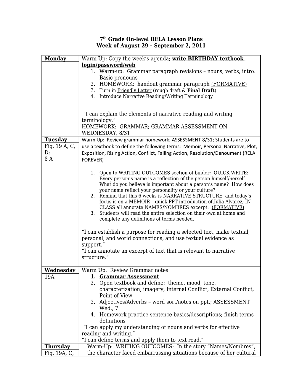 7Th Grade On-Level RELA Lesson Plans