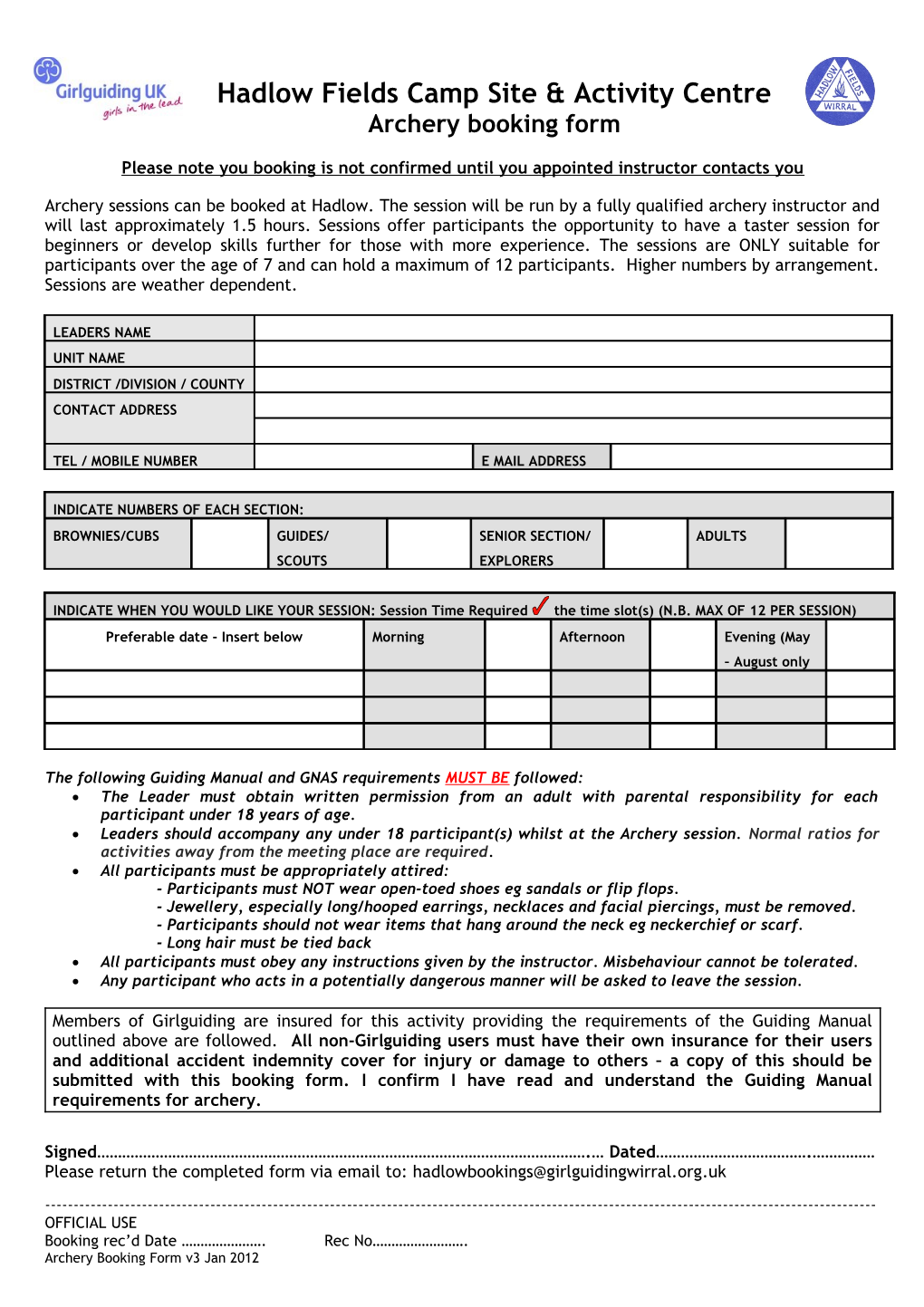 Day Booking Form 2000