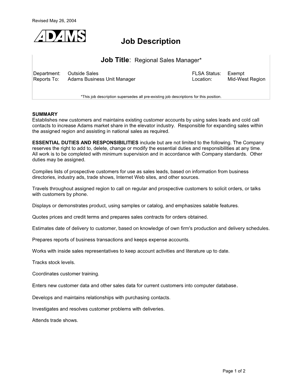 Job Title: Regional Sales Manager*