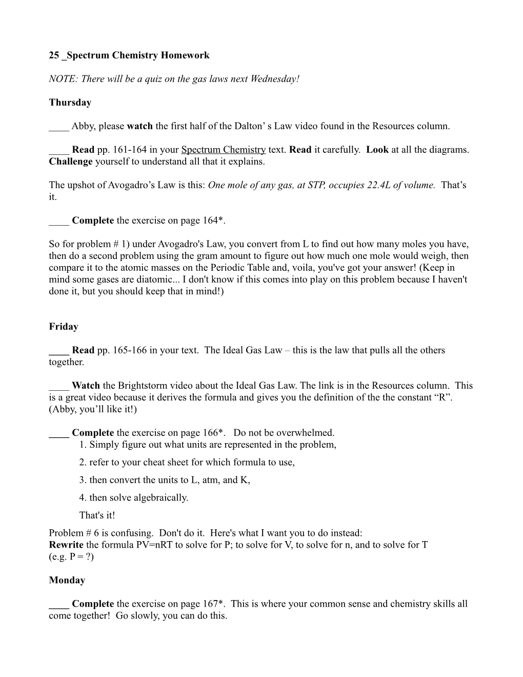 25 Spectrum Chemistry Homework