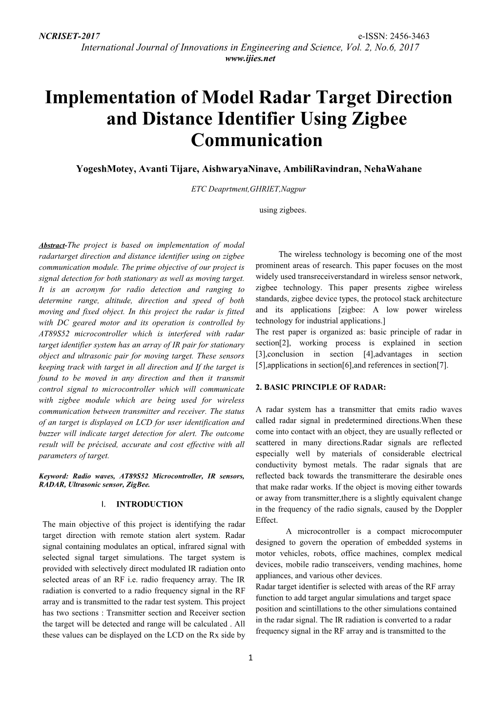 Implementation of Model Radar Target Direction and Distance Identifier Using Zigbee