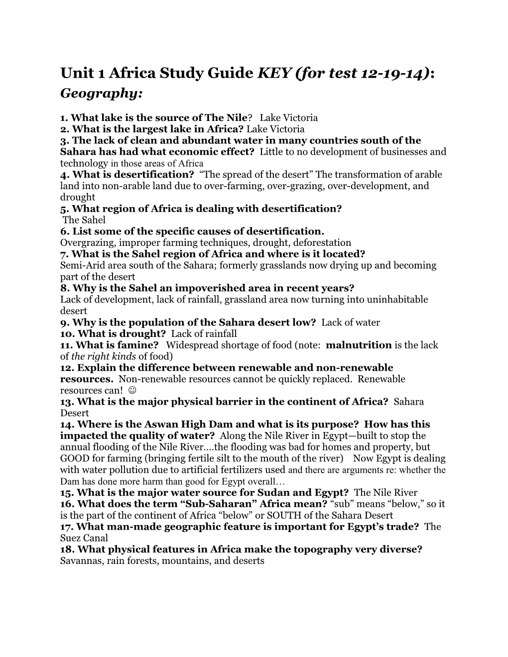 Unit 1 Africa Study Guide KEY (For Test 12-19-14)