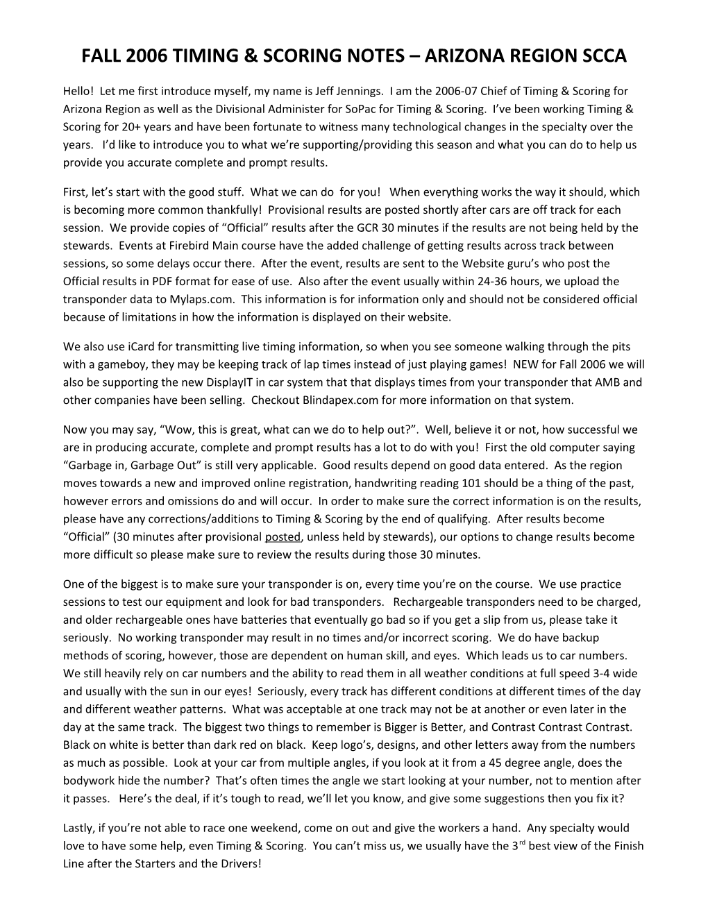 Fall 2006 Timing & Scoring Notes Arizona Region Scca