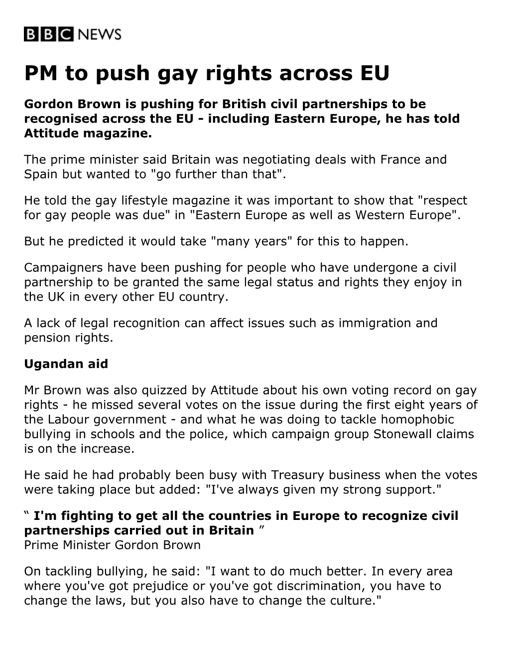 PM to Push Gay Rights Across EU