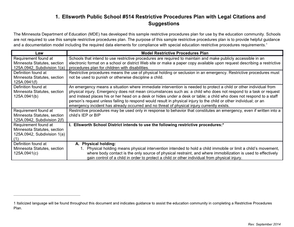 Ellsworth Restrictive Procedures Plan