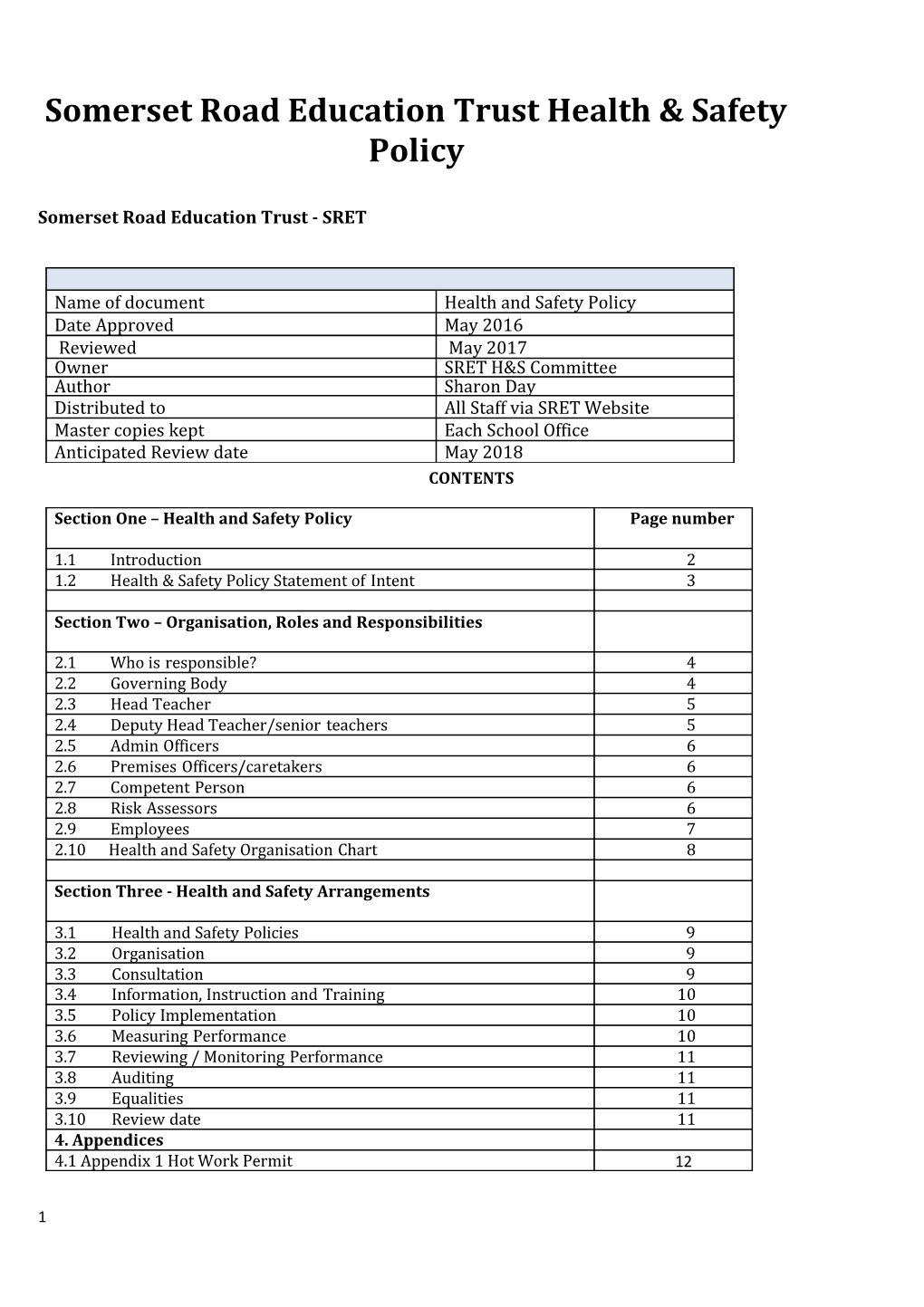 Somerset Road Education Trust Health & Safety Policy