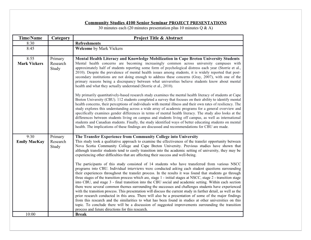 Community Studies 4100 Senior Seminarproject PRESENTATIONS