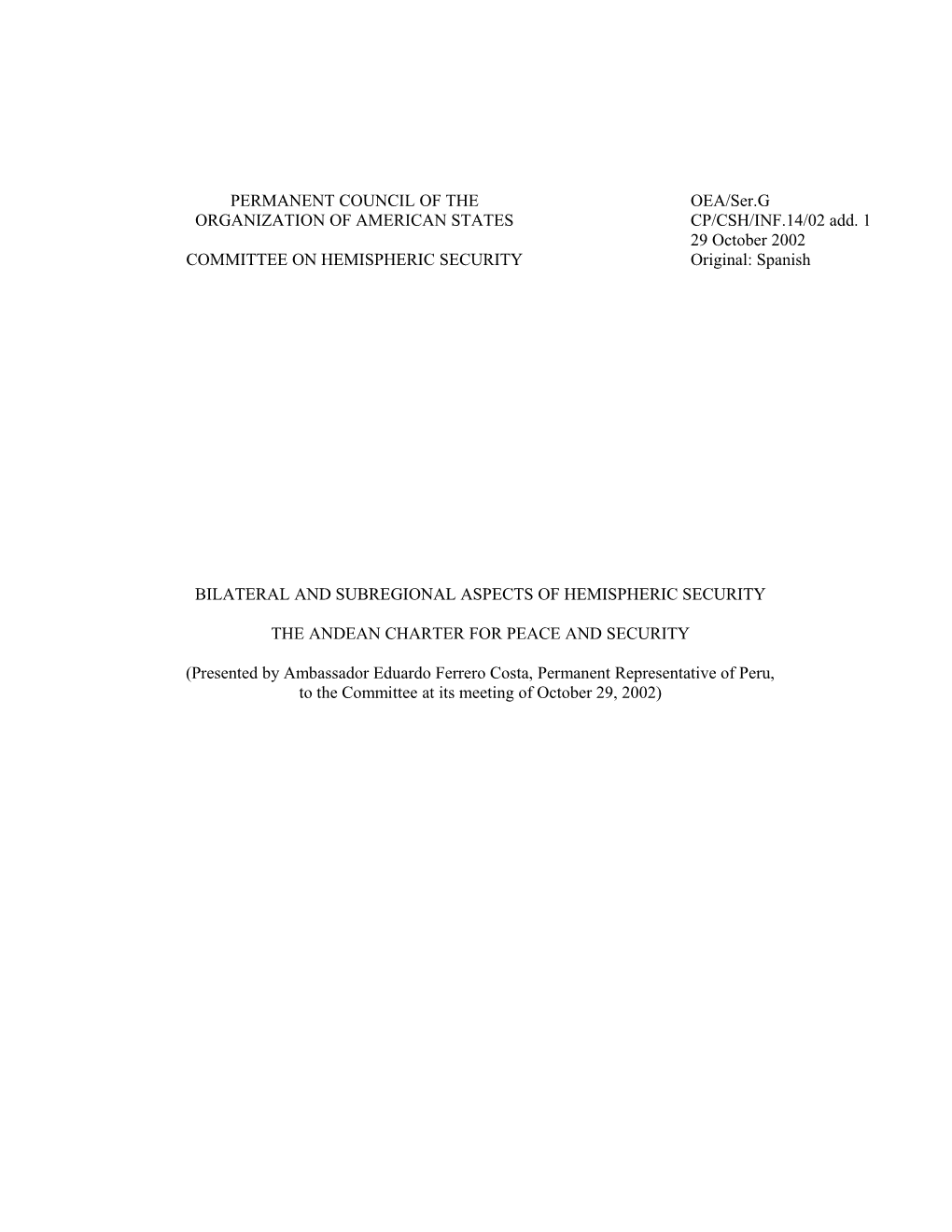 List of Oas Studies and Reports Related to Hemispheric on Security