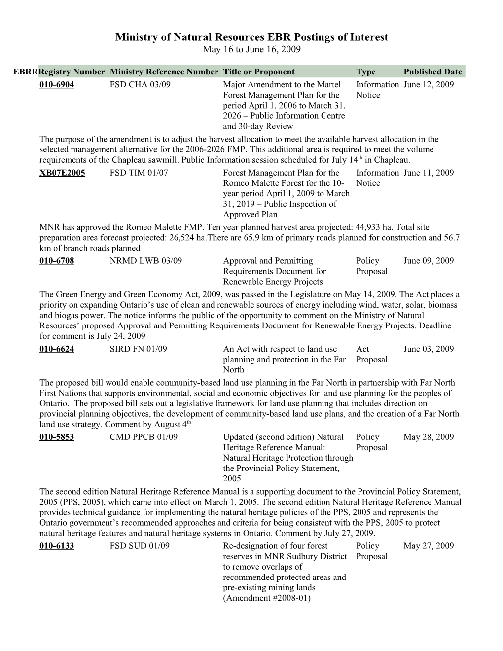 Ministry of Natural Resources EBR Postings of Interest