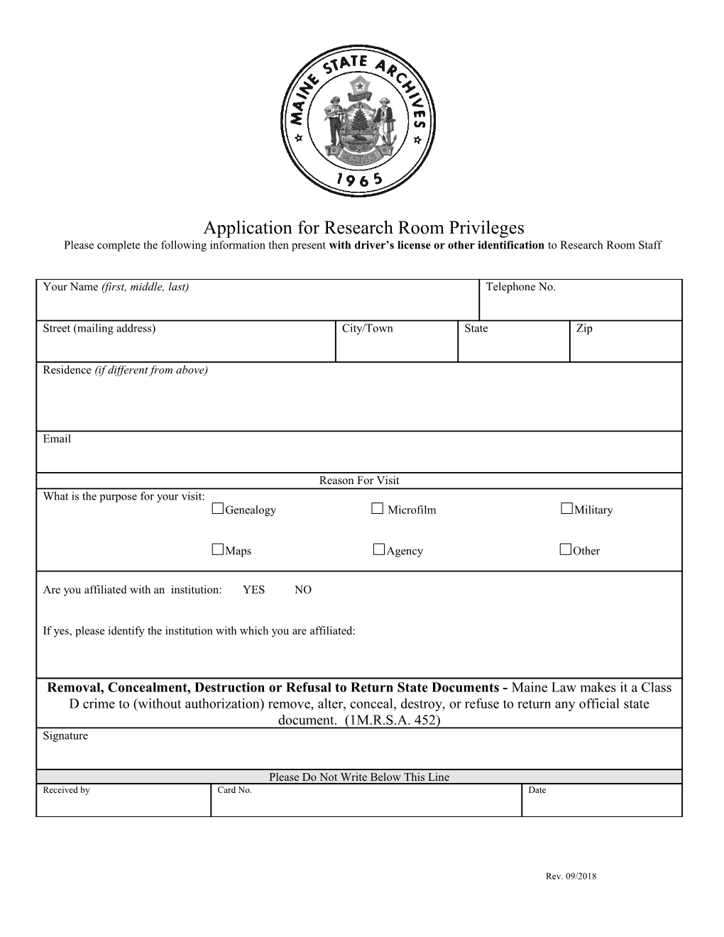 Maine State Archives , Archives Services Division Application for Research Room Privileges
