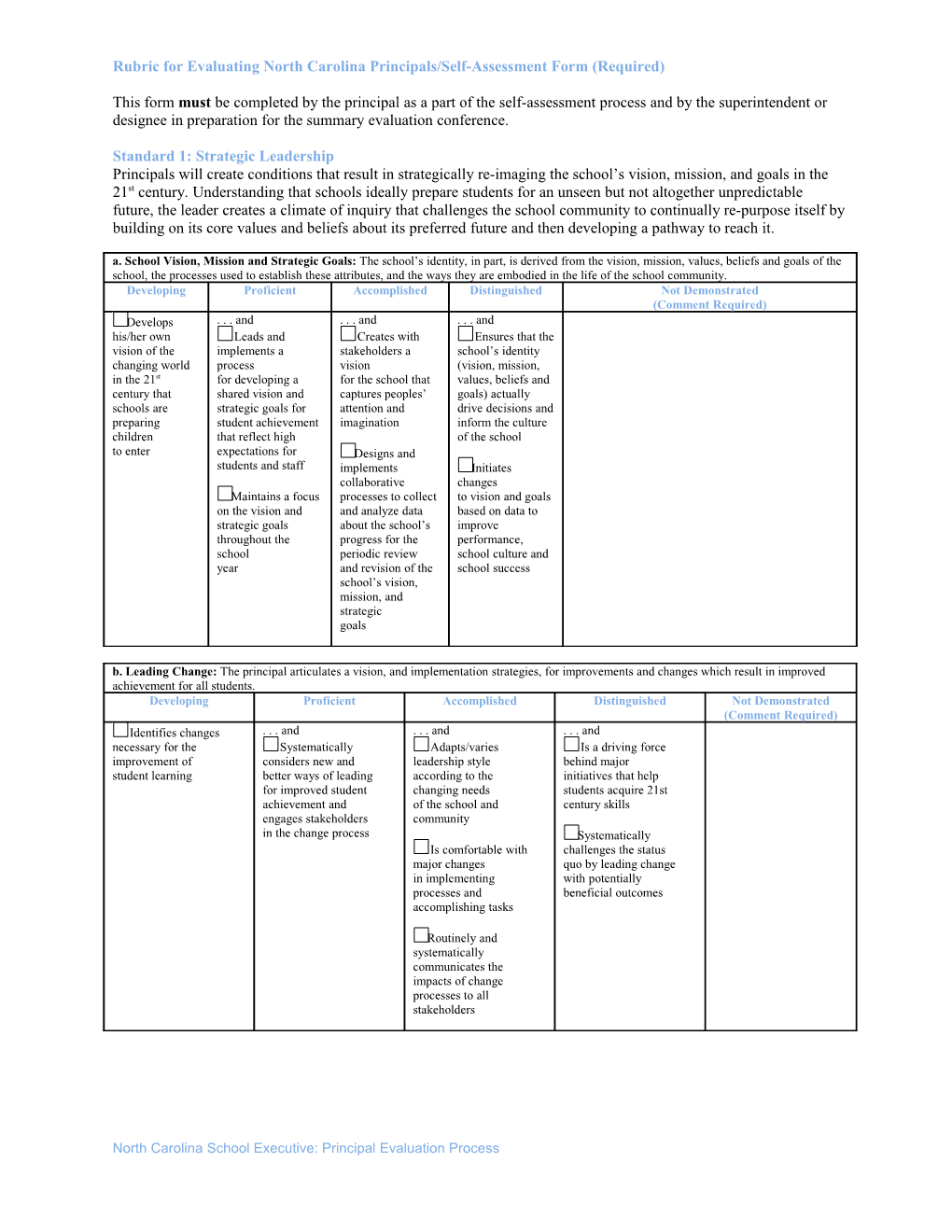 Rubric for Evaluating North Carolina Principals/Self-Assessment Form (Required)