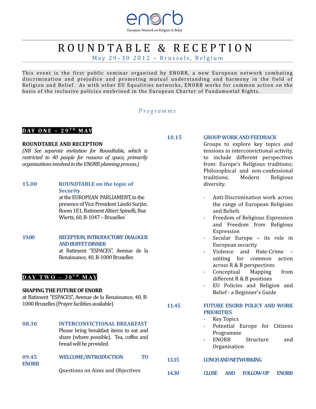European Network on Religion and Belief - Seminar May 29 30 2012