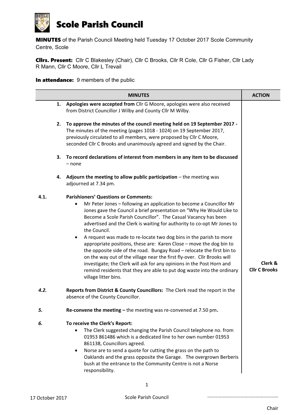 Minutes of the Meeting Held 19 October 2010 at Scole Primary School