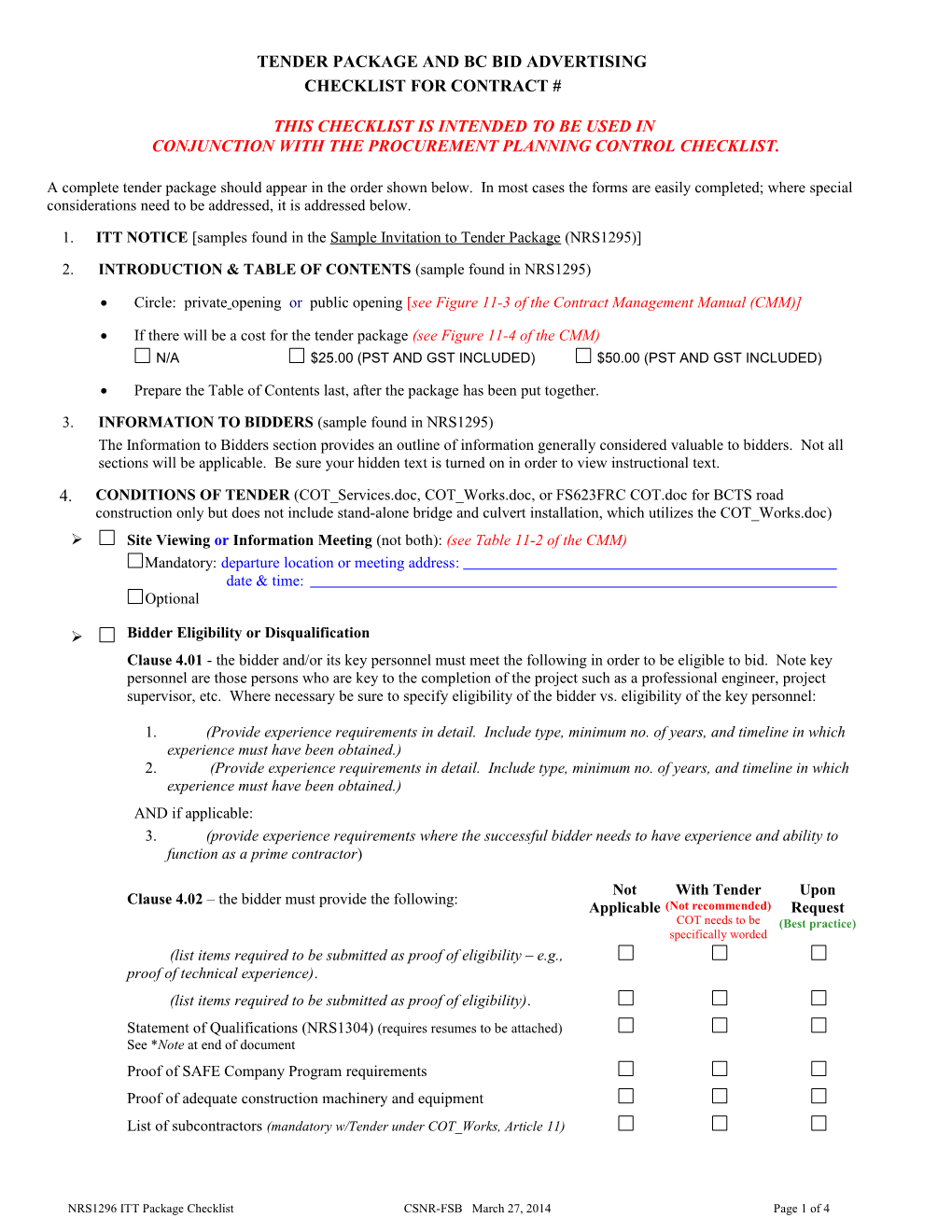 Tender Package Checklist