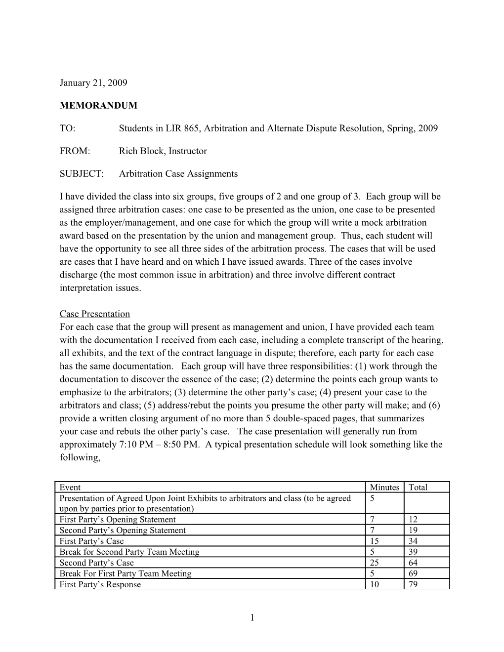 TO: Students in LIR 865, Arbitration and Alternate Dispute Resolution, Spring, 2009