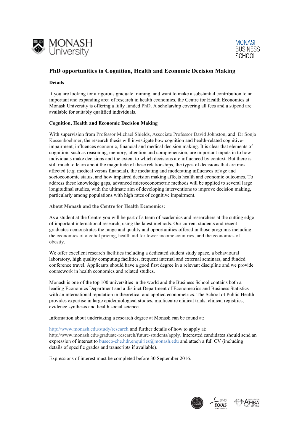 Phd Opportunities in Cognition, Health and Economic Decision Making