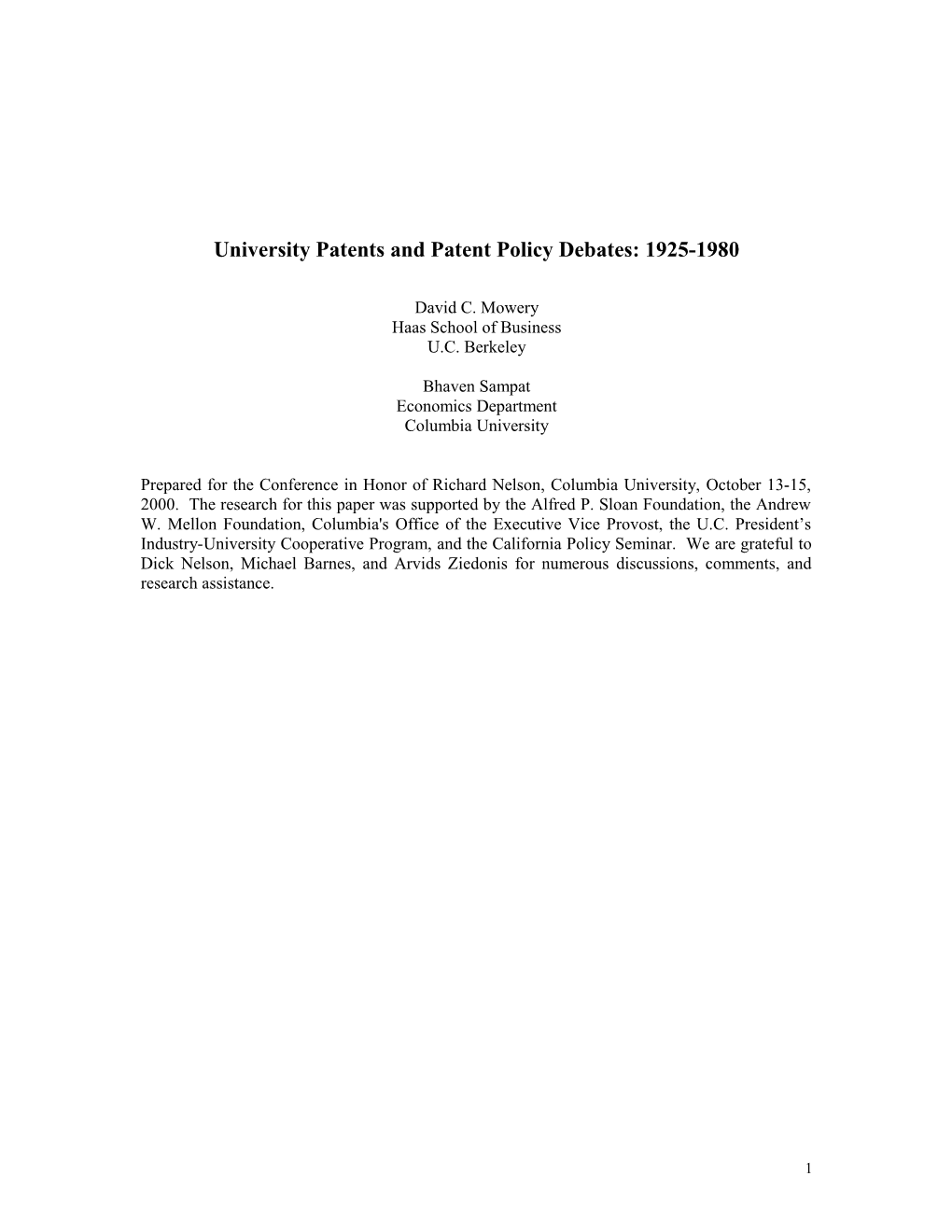University Patents and Patent Policy Debates: 1925-1980