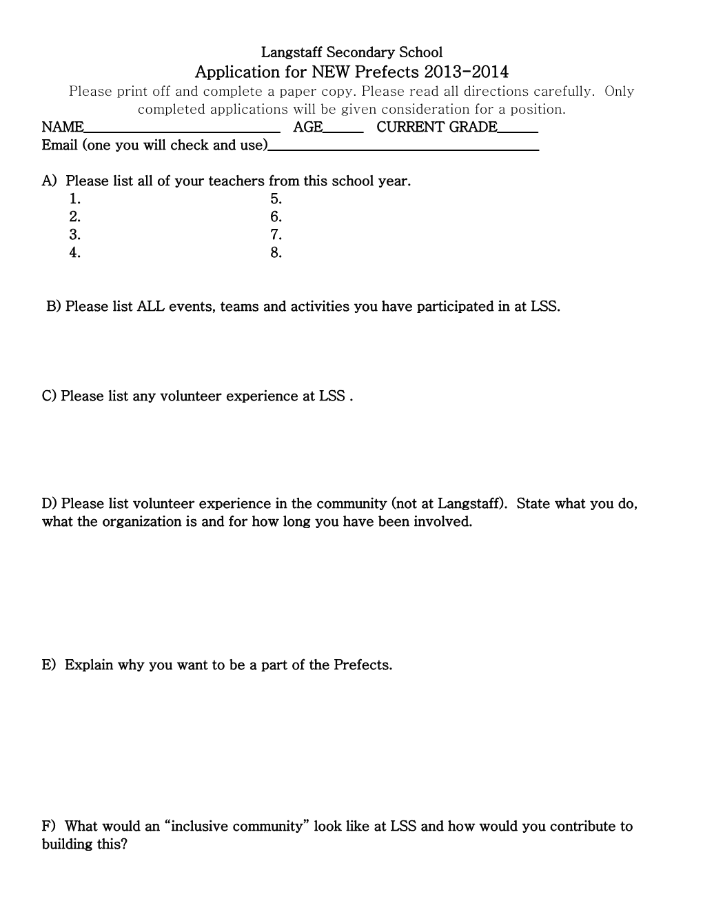 New Prefect Application Form