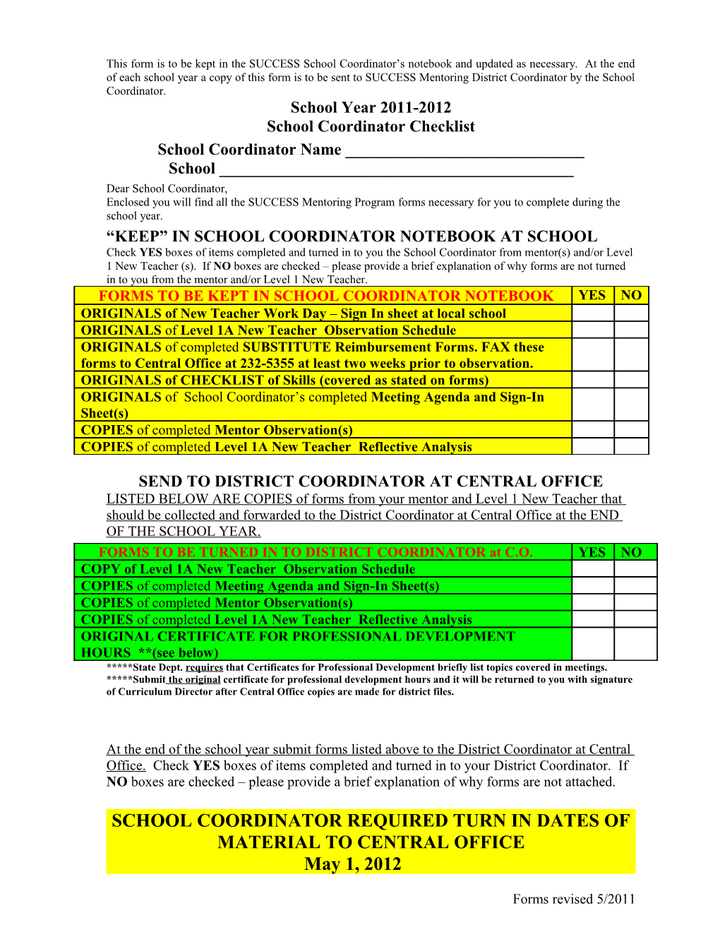 School Coordinator Checklist