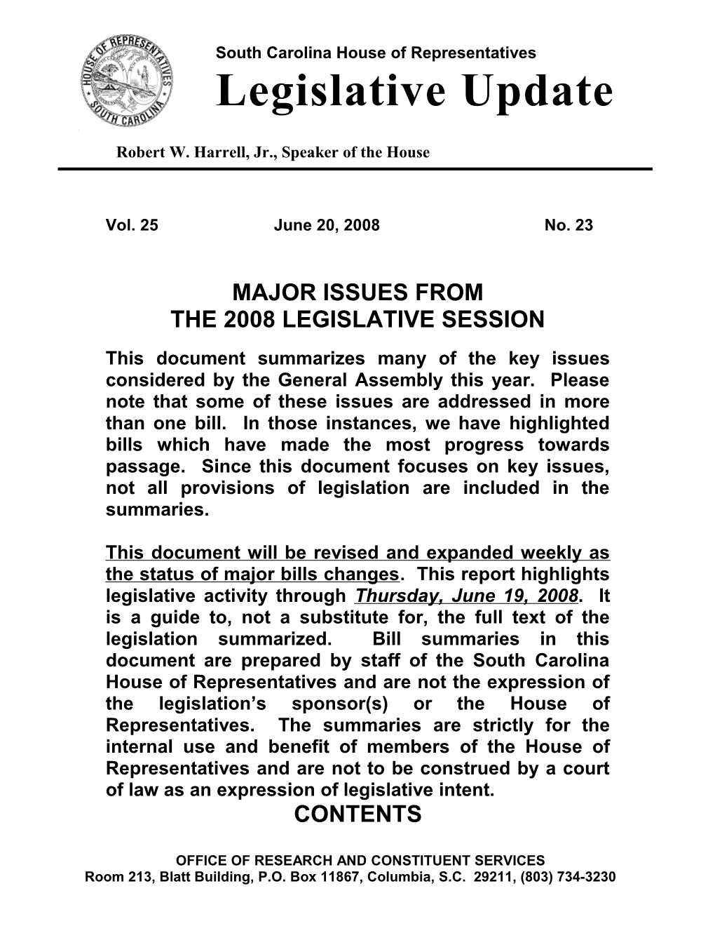 Legislative Update - Vol. 25 No. 23 June 20, 2008 - South Carolina Legislature Online