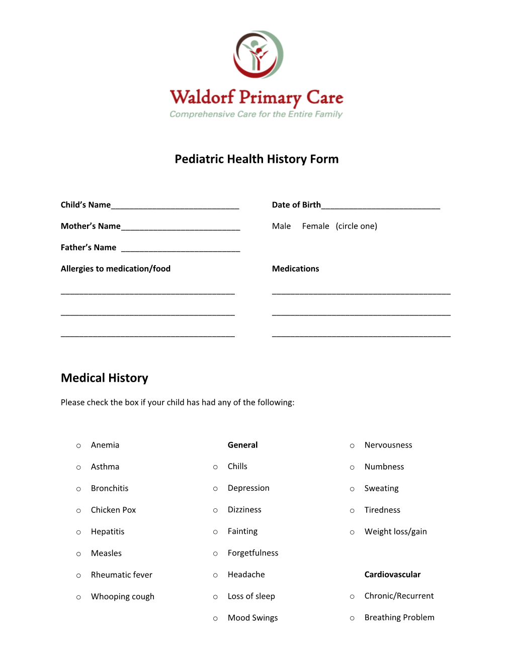 Pediatric Health History Form