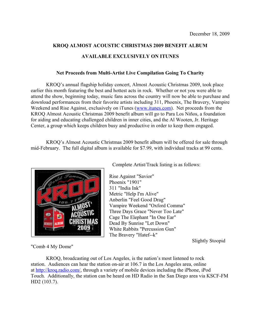 Kroq Almost Acoustic Christmas 2009 Benefit Album