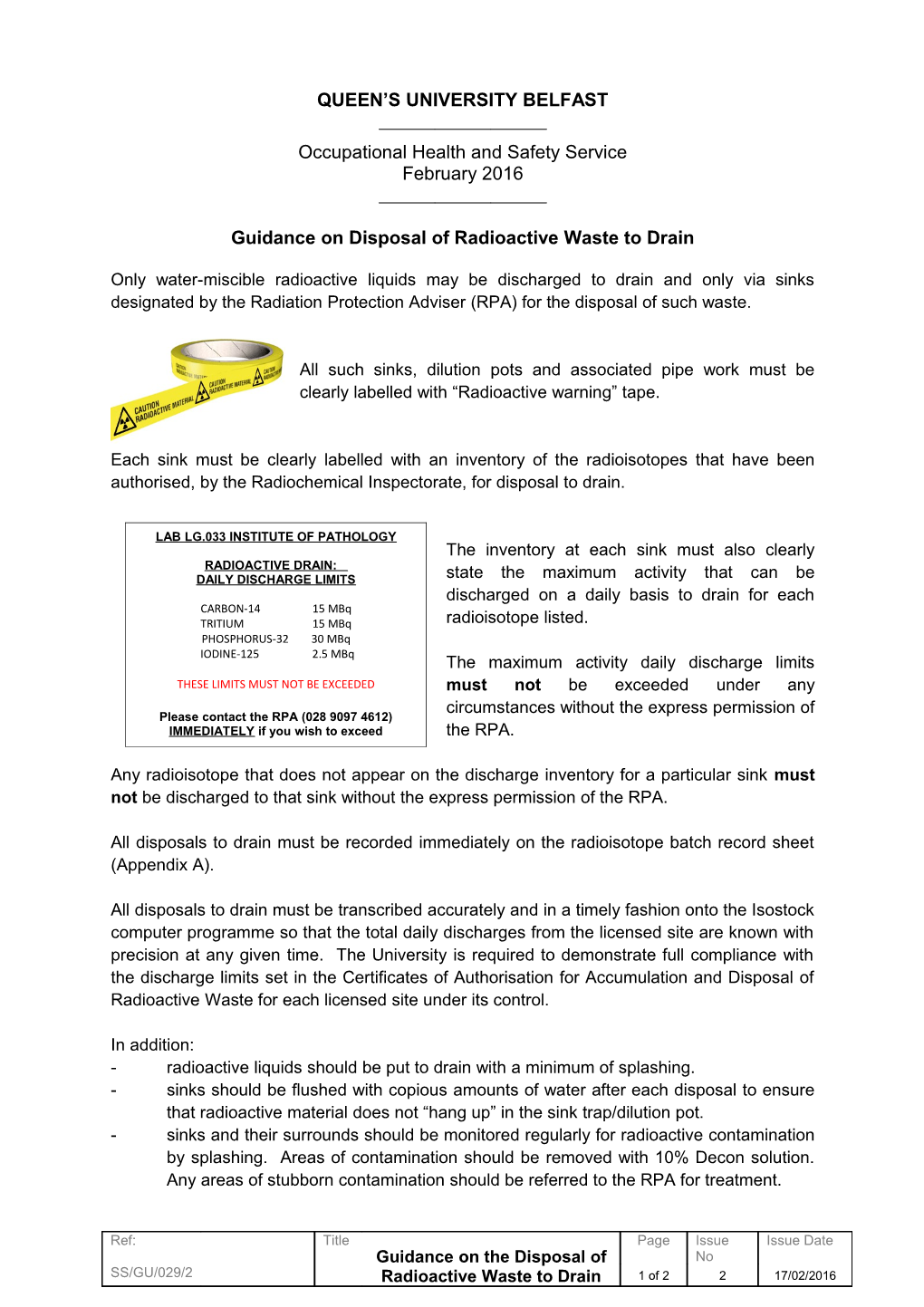 Guidance on Disposal of Radioactive Waste to Drain