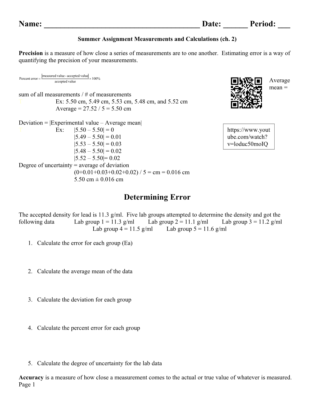 Summer Assignment Measurements and Calculations (Ch. 2)