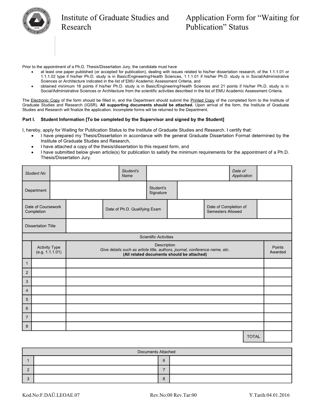Aplication Form for Waiting for Publication Status