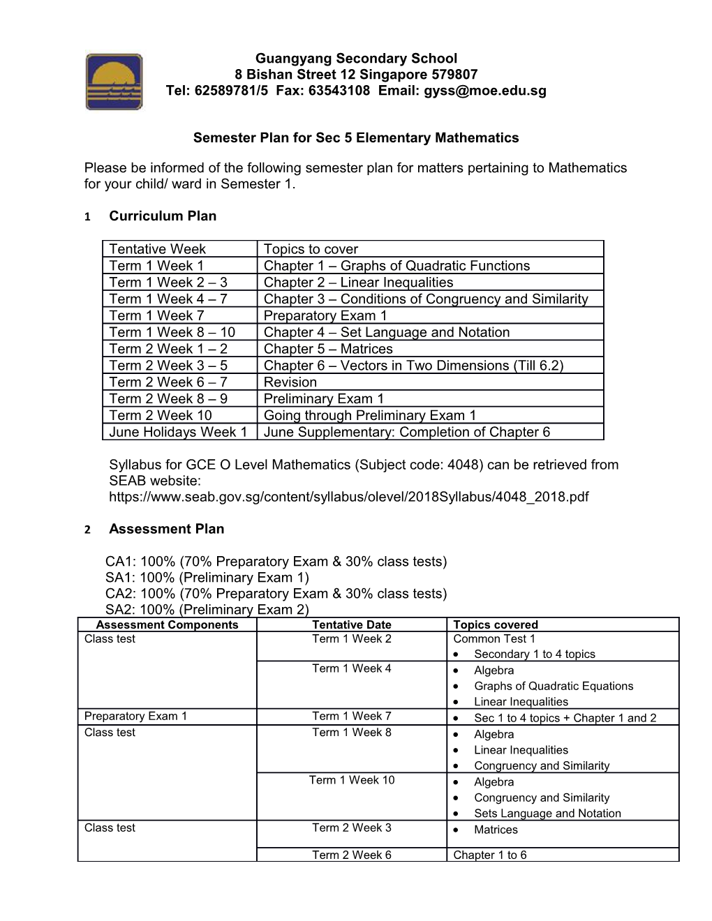 Semester Plan for Sec 5Elementary Mathematics