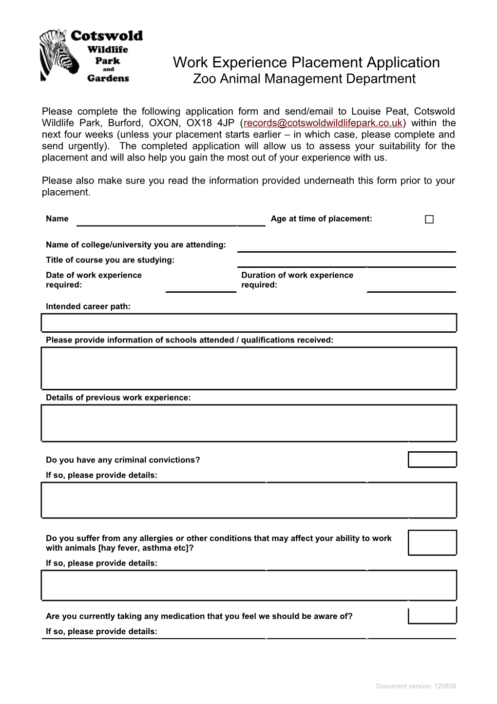Work Experience Placement Application