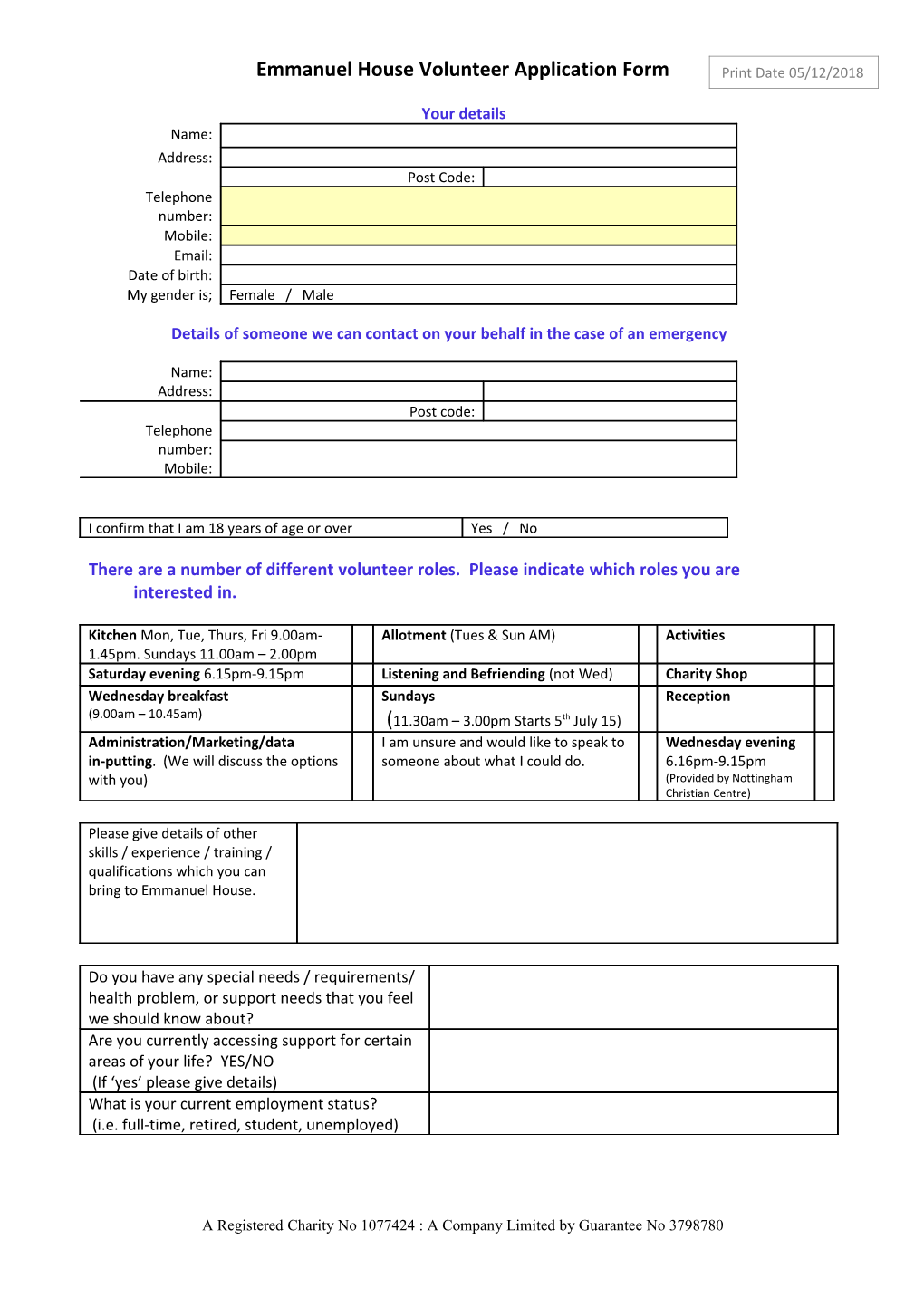 Emmanuel House Volunteer Application Form