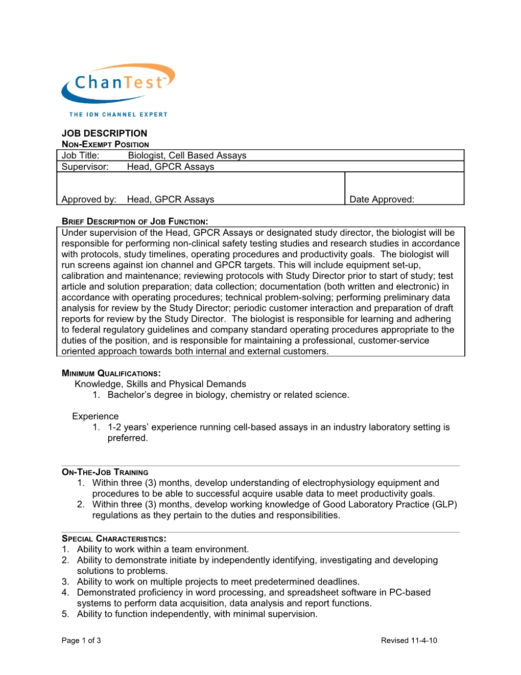 Job Description: Biologist, Cell-Based Assays