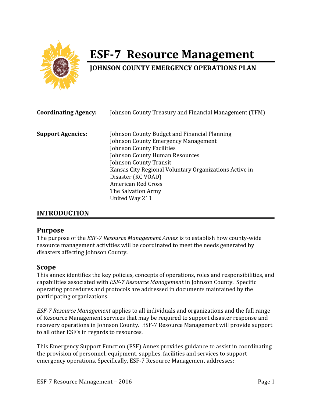 Coordinating Agency: Johnson County Treasury and Financial Management (TFM)