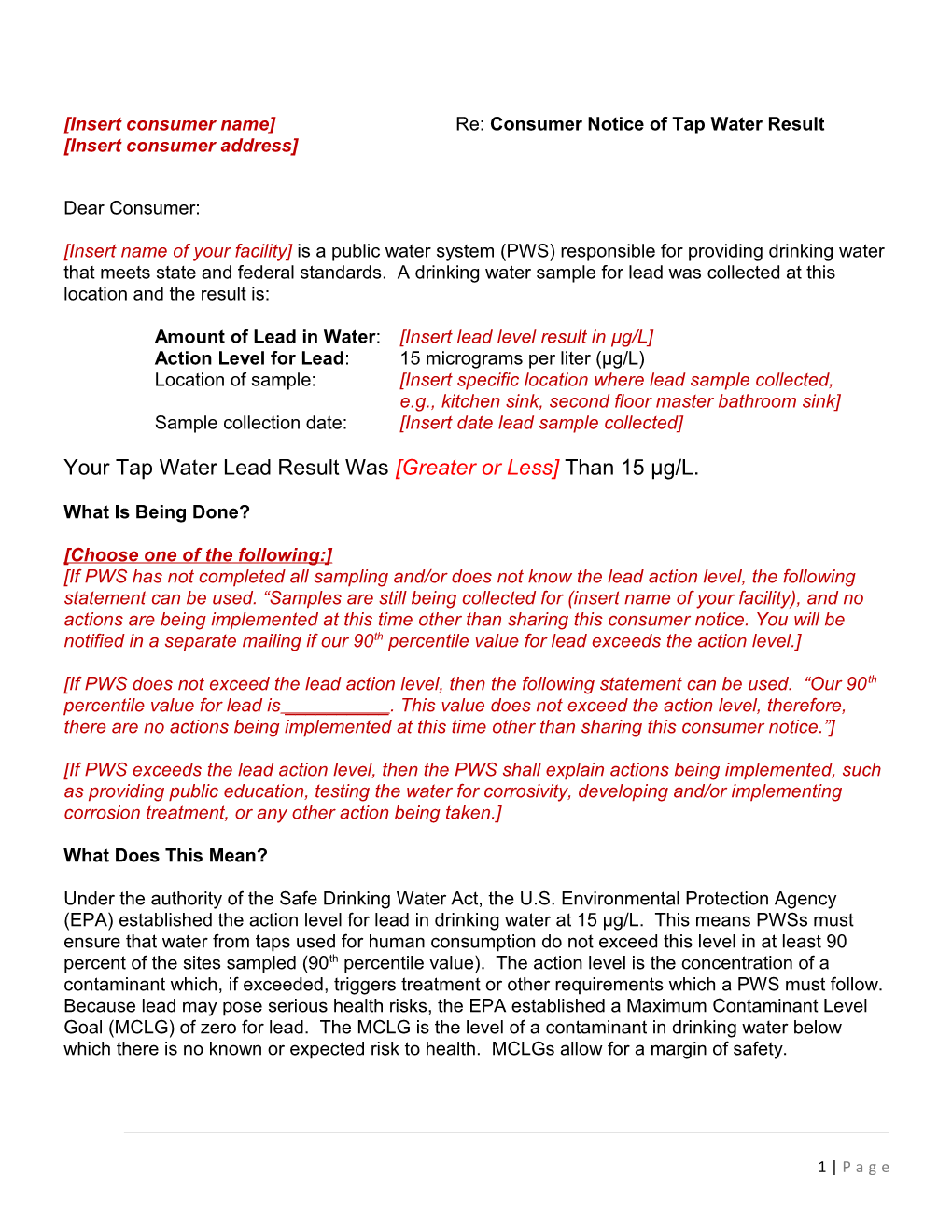 Insert Consumer Name Re: Consumer Notice of Tap Water Result