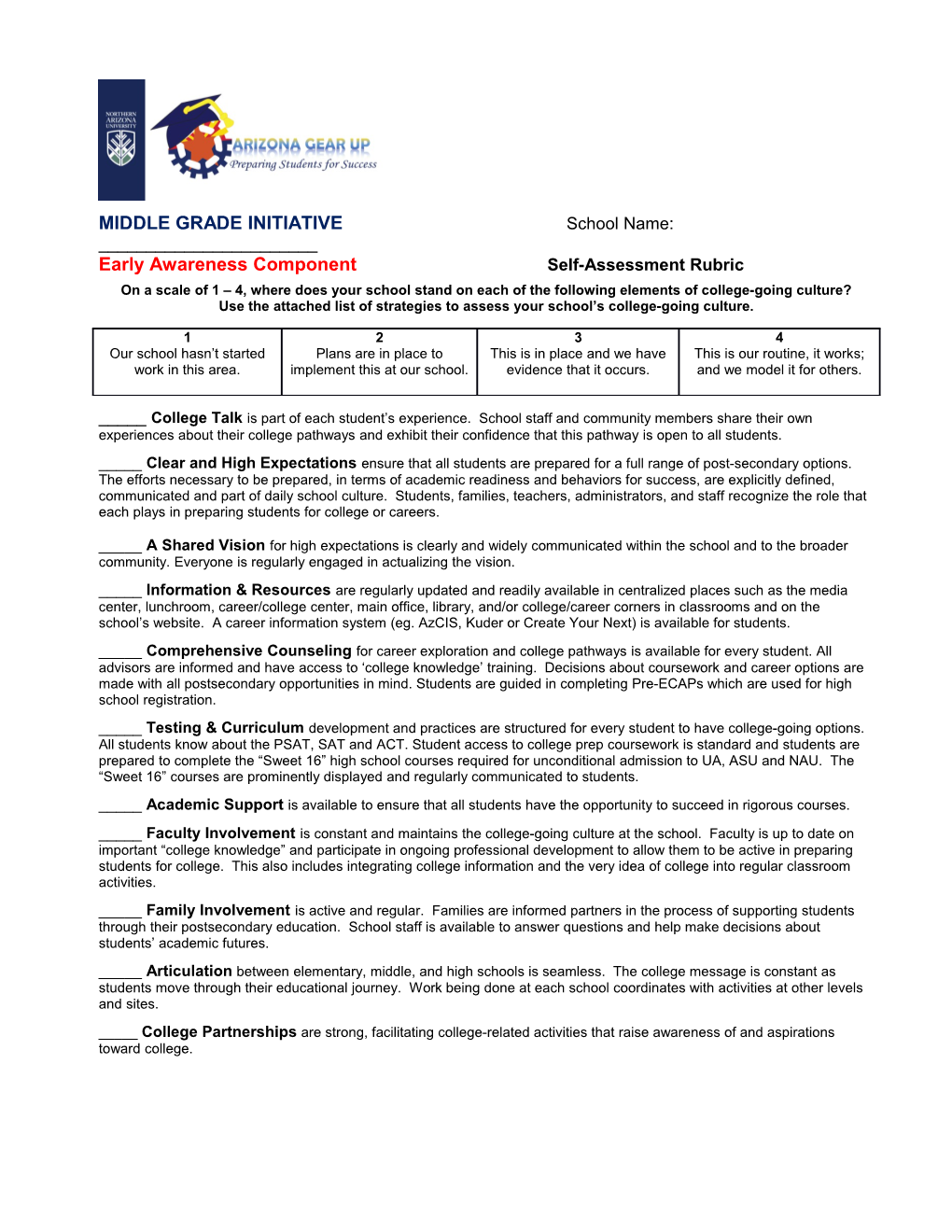 Early Awareness Component Self-Assessment Rubric