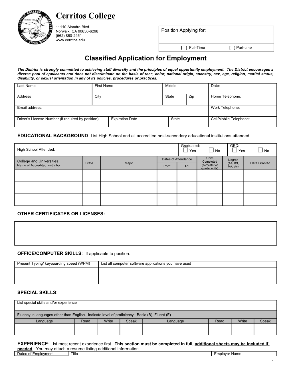 Classified Application for Employment