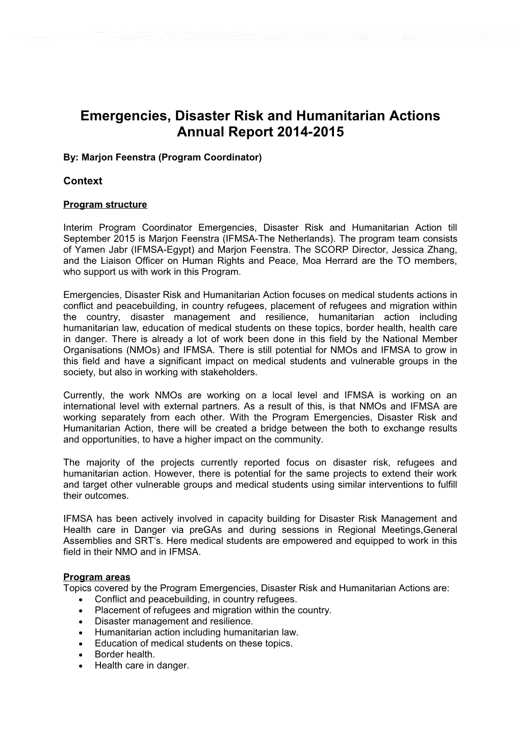 Emergencies, Disaster Risk and Humanitarian Actions Annual Report 2014-2015