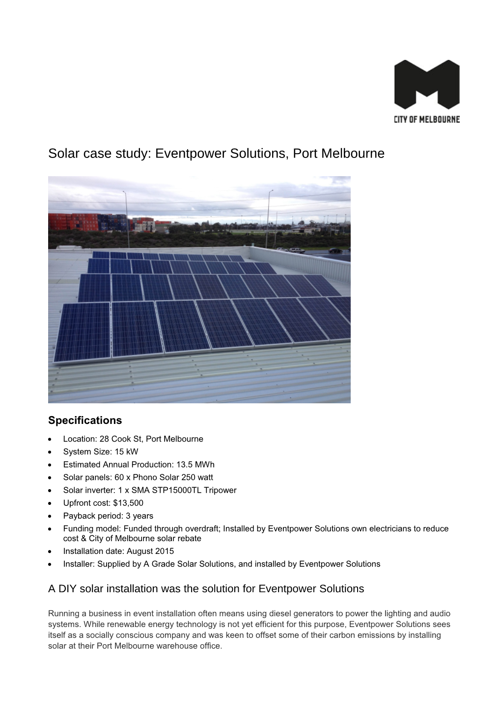Solar Case Study: Eventpower Solutions, Port Melbourne