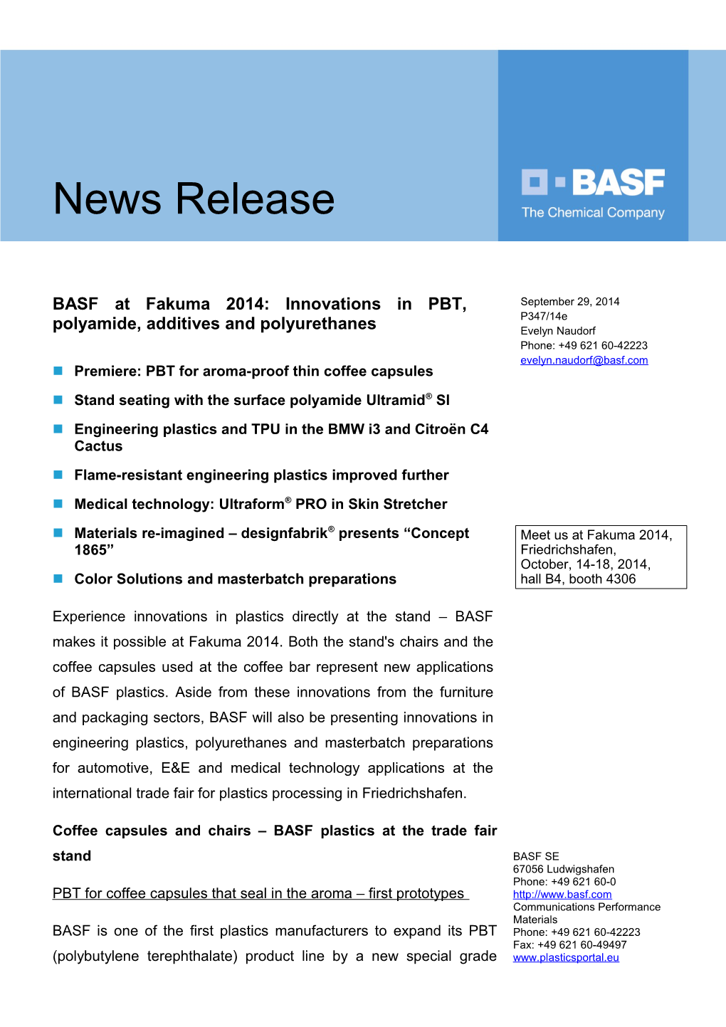 BASF at Fakuma 2014: Innovations in PBT, Polyamide, Additives and Polyurethanes