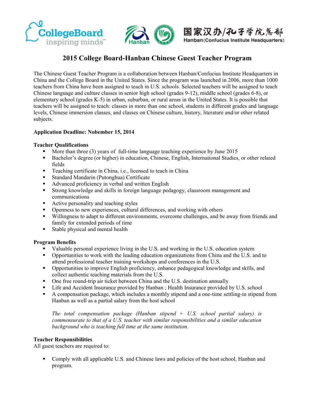 2015College Board-Hanban Chinese Guest Teacher Program