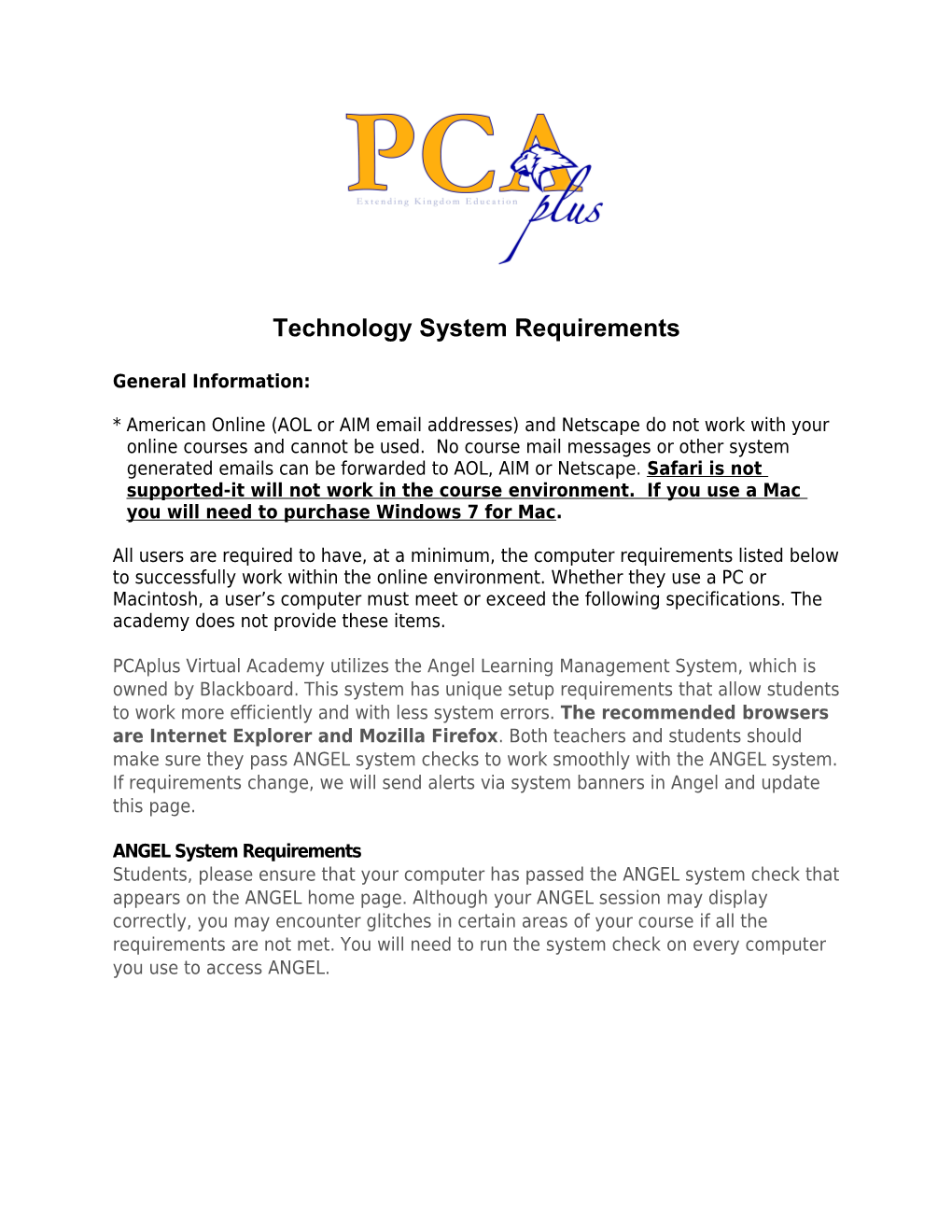 Technology System Requirements